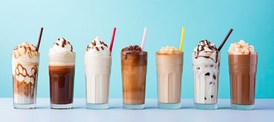 Different flavors of coffee and milkshakes in tall glasses on pastel blue background - obrazy, fototapety, plakaty