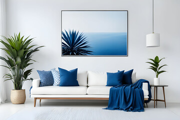 Plant next to blue set with pillows in white minimal living room interior with poster