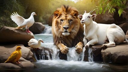 A lion, A Goat, Drinking water from a river, theme prosperity and peace, a white bird dove sitting on the back of the lion and goat, background soothing scene 

