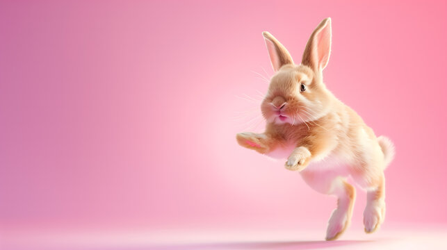 A happy ginger Easter bunny jumping on the pink background. Easter design concept with copy space