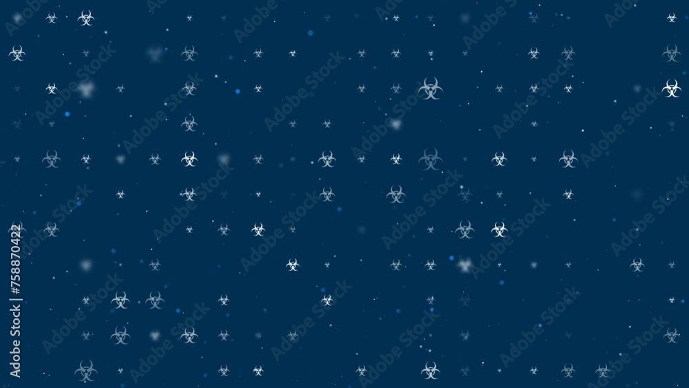 Poster template animation of evenly spaced biohazard symbols of different sizes and opacity. animation of t