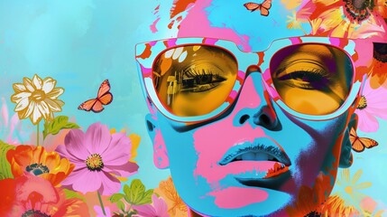 Kolorowy obraz przedstawiający kobietę w okularach i otoczoną kwiatami, który stanowi interpretację wiosny w stylu pop-art. - obrazy, fototapety, plakaty