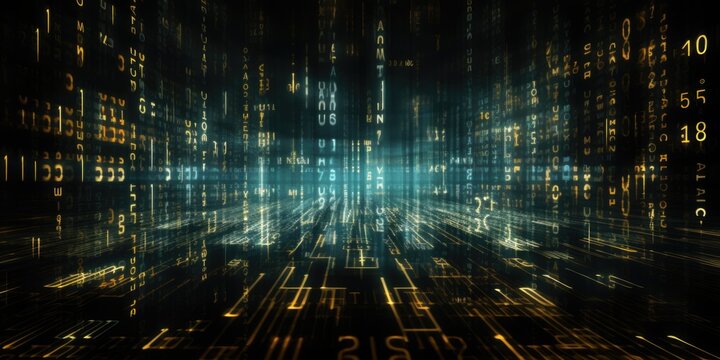 Digital matrix of glowing numbers with a perspective depth.