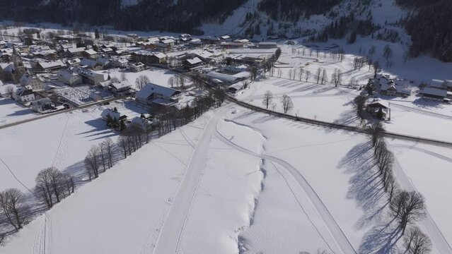 Aerial view of snow covered Ramsau am Dachstein during winter, Styria, Austria.
