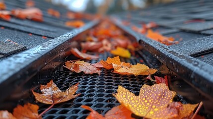 Close-up of red autumn leaves on house gutter guard.