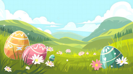 Easter background with eggs and flowers with copy space