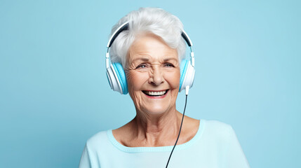 An elderly woman listening to music on black headphones on pastel background