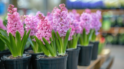 Obraz premium Pink hyacinth flowers in pots. Selective focus floral nursery image.