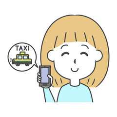 スマートフォンでタクシーを呼ぶ女性　上半身　イラスト