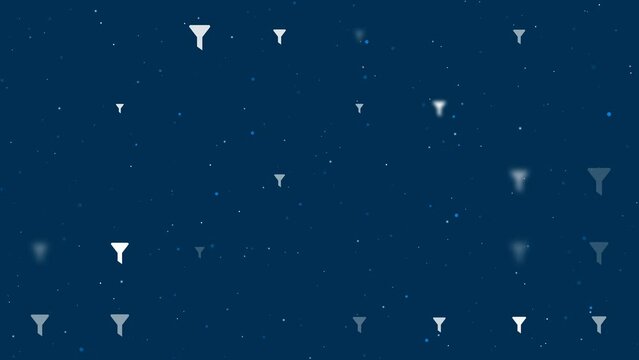 Template animation of evenly spaced funnel symbols of different sizes and opacity. Animation of transparency and size. Seamless looped 4k animation on dark blue background with stars