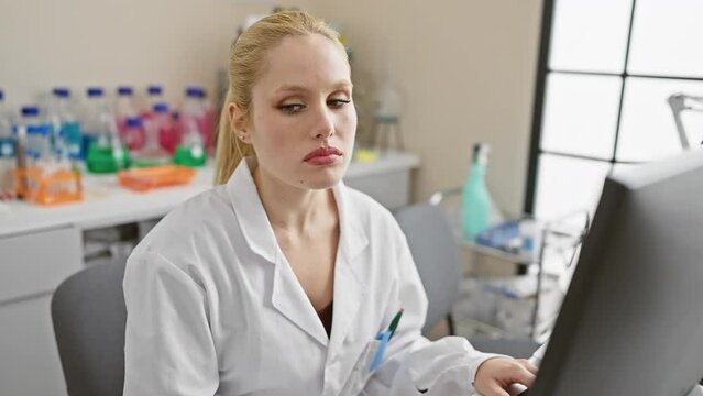 Depressed young scientist in distress, blonde woman, wearing uniform, crying over computer in lab - worry and stress painted on her face.