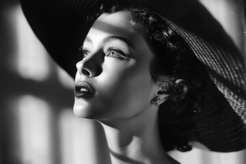 Vintage film noir style portrait of a woman wearing a hat. Black and white photography