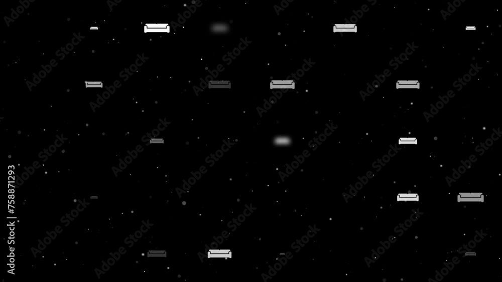 Poster template animation of evenly spaced sofa symbols of different sizes and opacity. animation of transp
