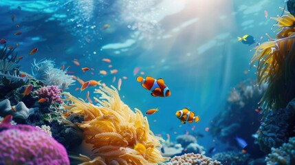Fototapeta na wymiar Vibrant underwater coral reef scene with diverse marine life.
