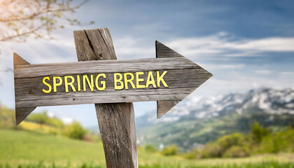 Wooden spring break sign: school holiday and spring vacation concept