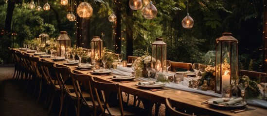 Fototapeta na wymiar Rustic restaurant banquet table for the newlyweds