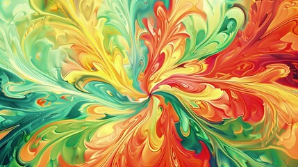Obraz przedstawia kolorowe, wirujące centrum z intensywnymi barwami farb i wieloma różnymi odcieniami. Kwiat skupia na sobie uwagę swoim bogactwem kolorów i detali.