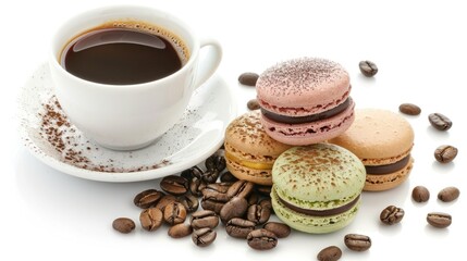 Espresso coffee with macarons on a white ceramic plate.