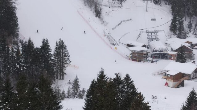 Aerial view of snow covered Ramsau am Dachstein during winter, Styria, Austria.