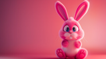 A 3d illustration of a fluffy pink Easter bunny on a solid pink background
