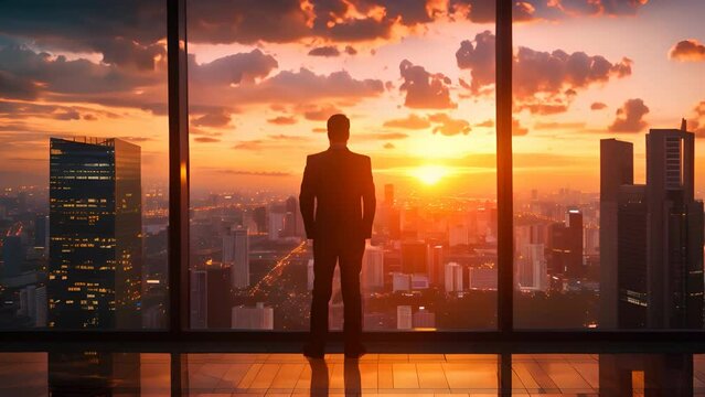 A business man standing with cityscape sunset background