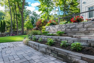 Obraz premium Landscaped backyard with stone retaining walls and a variety of plants.