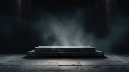 Black stylish podium on a black background with smoke and light from spotlights, for goods. Commercial Image for Sale Banner - obrazy, fototapety, plakaty