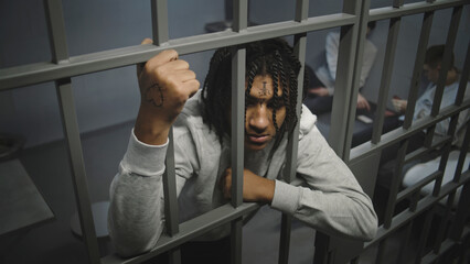 Angry African American teenage prisoner stands in prison cell in jail, holds metal bars. Young inmates play cards on bed in the background. Youth detention center or correctional facility. High angle. - obrazy, fototapety, plakaty