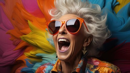 Joyful senior woman with vibrant makeup and oversized sunglasses.