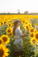 Young woman walks through a field of sunflowers. Fashion, lifestyle, travel and vacations concept.