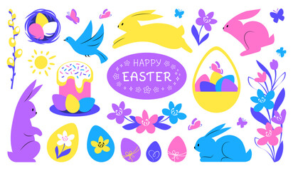 Fototapeta na wymiar Collection of cute easter cartoon characters and spring decorative elements - bunnies, eggs, blooming flowers isolated on white background. Colorful holiday flat vector illustration.