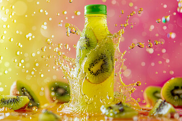 A kiwi juice bottle captured in a moment of fantasy with a bright green peel spiral and a kiwi slice levitating in a splash of vibrant juice
