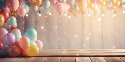 Empty wooden board on the background of airy multi-colored balloons, golden bokeh. Festive background for birthday, anniversary, holiday. Background for product presentation and demonstration.