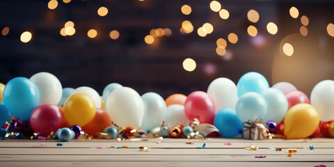 Empty wooden board on the background of airy multi-colored balloons, golden bokeh. Festive background for birthday, anniversary, holiday. Background for product presentation and demonstration.