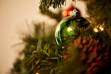 Christmas, tree and green ornament for holiday, celebration and closeup with tradition or festive...