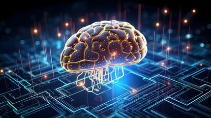 Particles connected in shape of human brain, connection network, artificial intelligence or brain computer interface concept