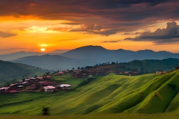 Kisoro Uganda beautiful sunset over mountains and hills of pastures and farms in villages of Uganda. Amazing colorful sky and incredible landscape to travel and admire the beauty of nature in Generati
