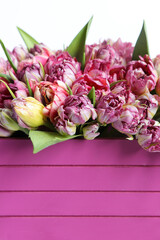 A lilac pink box with peony-shaped tulips.