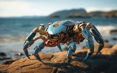 Robot crab on the seashore among the rocks.