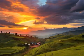 Kisoro Uganda beautiful sunset over mountains and hills of pastures and farms in villages of Uganda. Amazing colorful sky and incredible landscape to travel and admire the beauty of nature in Generati - obrazy, fototapety, plakaty