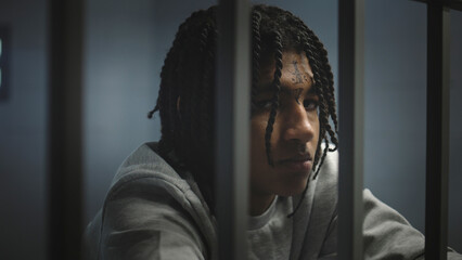 Angry African American teenage prisoner with face tattoos stands in prison cell in jail and looks...