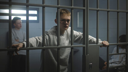 Portrait of diverse teenage prisoners behind metal bars in prison cell looking at camera....