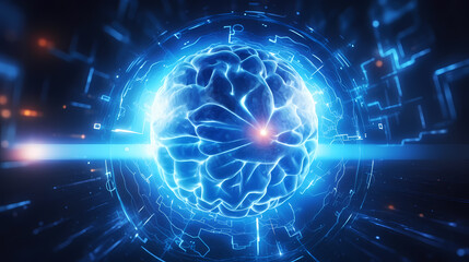 Naklejka premium Particles connected in shape of human brain, connection network, artificial intelligence or brain computer interface concept