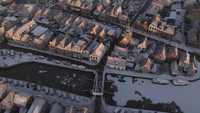 Aerial view of Makkum during a winter morning, Friesland, Netherlands