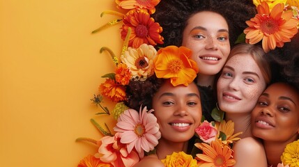 Grupa młodych różnorodnych kobiet wiosną stojących obok siebie na tle minimalistycznej scenerii. Dziewczyny są zróżnicowane pod względem wyglądu i ubioru. - obrazy, fototapety, plakaty