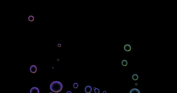 rainbow pattern float in the air and move around freely(black background). 虹模様に輝くシャボン玉（泡）のアニメーション背景素材。黒背景。