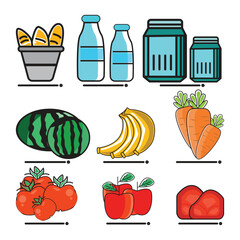 Set of colorful flat vector icons for food and drink.
