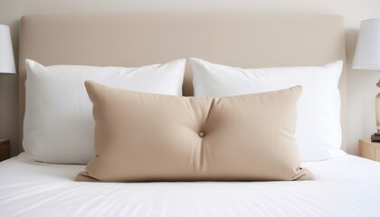Fototapeta na wymiar Beige cushion on white bed