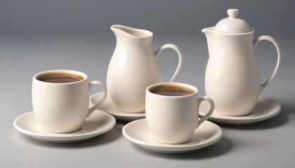 Obraz na płótnie Canvas Hot coffee, milk, creamer plate set