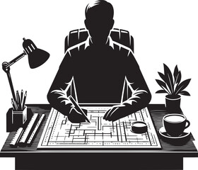 A captivating silhouette showcasing a person at a well-organized desk, embodying efficiency and productivity in a serene workspace environment.